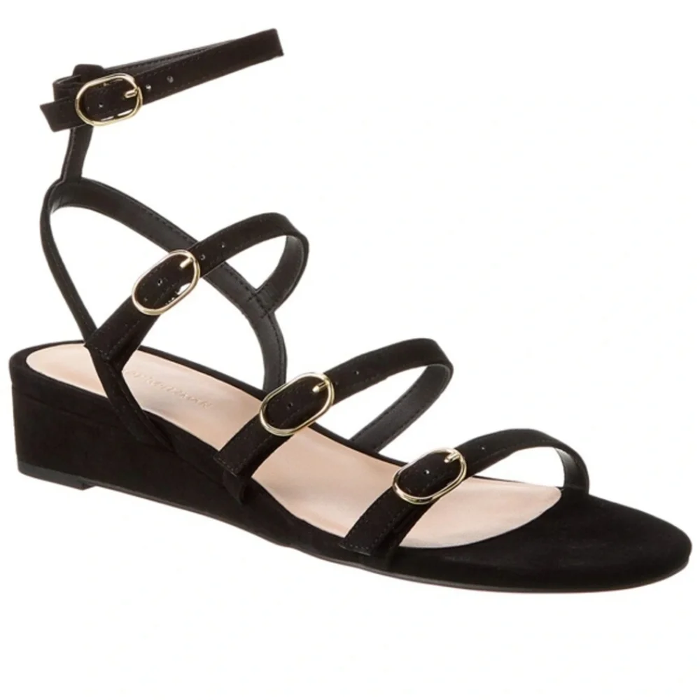NWT Stuart Wietzman Black Grecian Buckle Wedge Sandals Sz 8